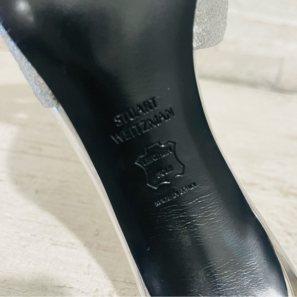 Stuart Weitzman Vintage Silver Glitter Stiletto High Heel Peep Toe Sandals 9M - Picture 14 of 15